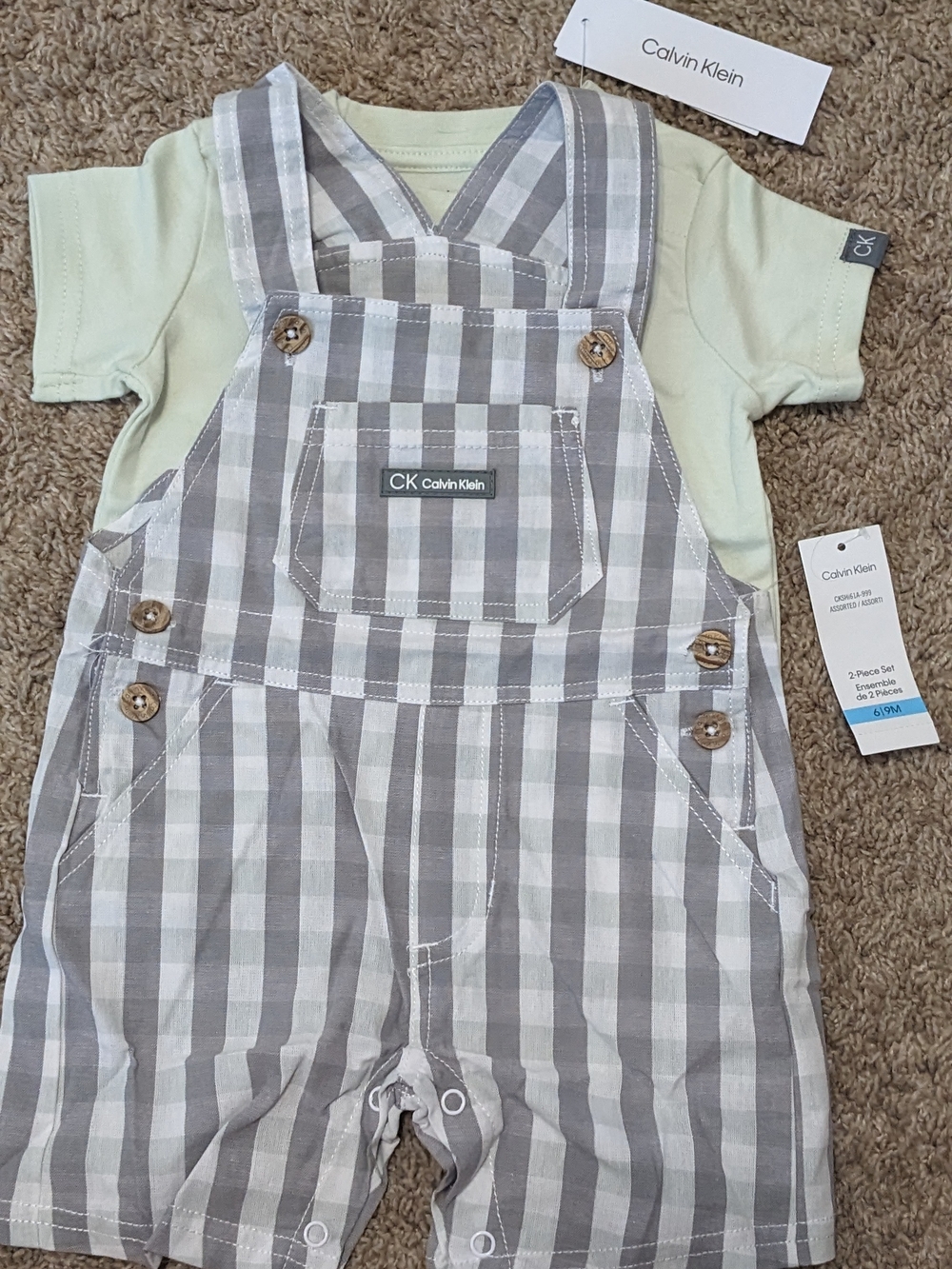 Calvin Klein Gray & White Plaid Overalls with Light Green Tee